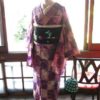 ＊着物コーディ＊紫×ピンクの市松にチューリップの単衣を黒のデコレーション絽帯と合わせて☆